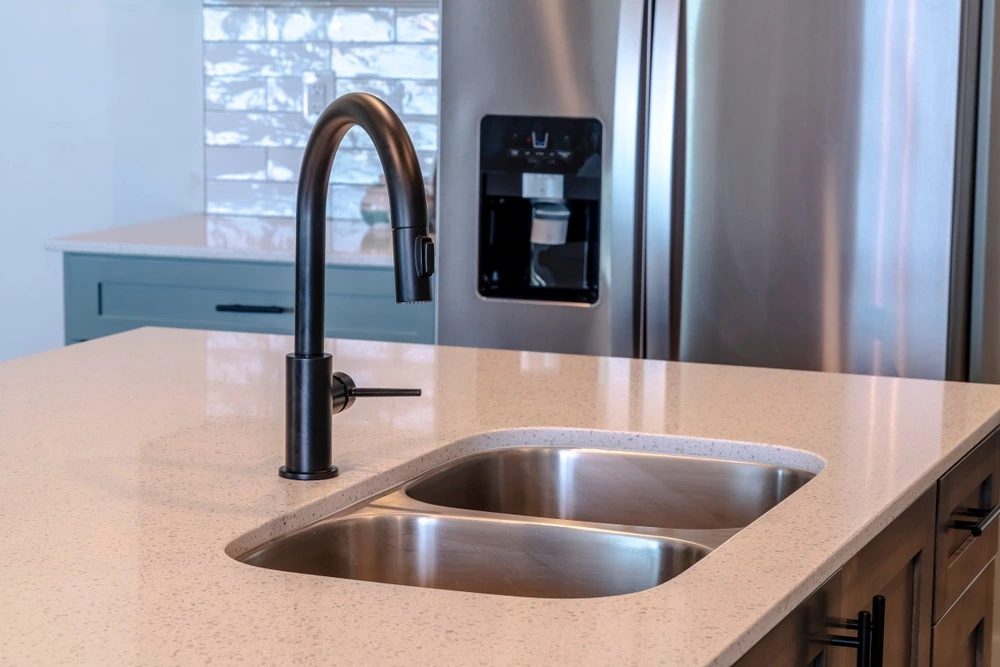 double bowl undermount sink in kitchen.