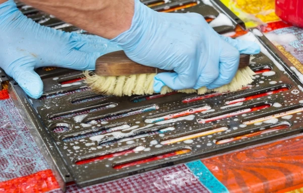 wearing blue rubber gloves using a scrub brush and soap to clean the metal grates of a charcoal grill