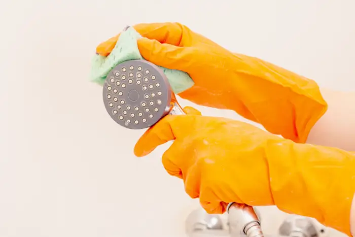 Person cleaning shower head with a sponge