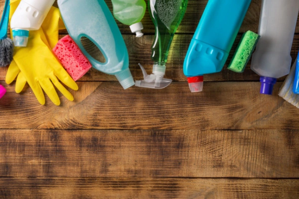 Variety of house cleaning products on a wood table