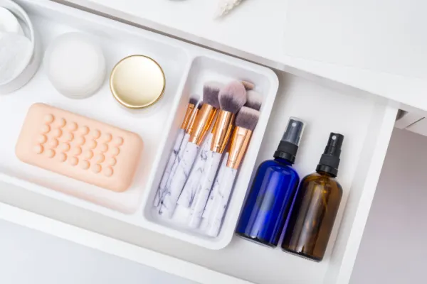 Makeup organized in a drawer