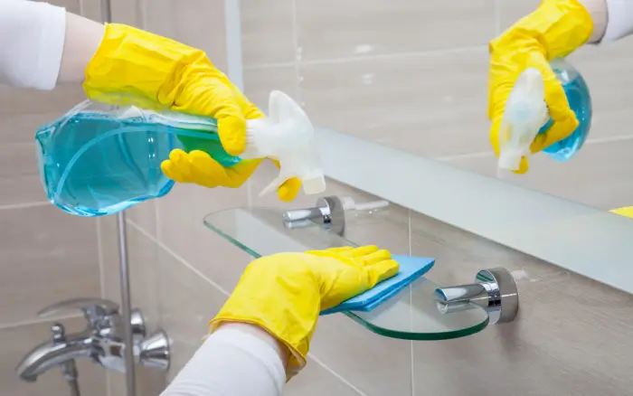 Person cleaning bathroom counter.