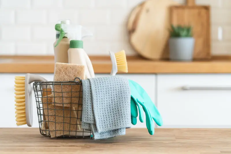 Supplies for general household cleaning on counter