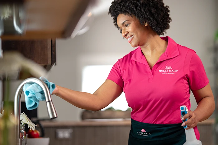 A Molly Maid professional wiping sink during an occasional cleaning appointment.